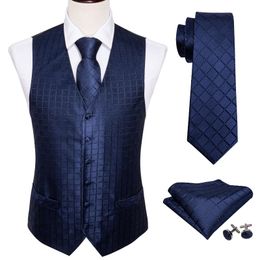 mens handkerchiefs Canada - Men's Vests Blue Vest For Men Skinny Suit Plaid Waistcoat Silk Checked Tie Set Handkerchief Cufflinks Necktie Business Barry.Wang