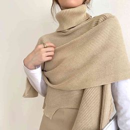 OL Elegant Solid Turtleneck Knitted Sweater Shawl Female Tops Autumn Winter Warm Pullovers Women Sweaters Accessories 210421