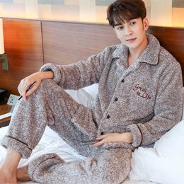 2 Piece Winter Thicken Warm Coral Fleece Pajamas Sets For Men Long-Sleeved Trousers Male Sleepwear Plus Size Nightwear 210928