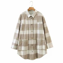 Women Casual Loose Pocket All-Match Plaid Lapel Shirt Mid-Length Autumn And Winter Jacket Coat 210521