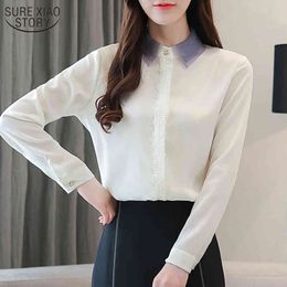 Autumn Thin Long Sleeved Women's Shirts Korean Slim Top Temperament Mesh Lapel Lace Stitching Chiffon Blouse 10241 210508