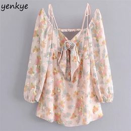 Fashion Women Romantic Floral Print Sequin Dress Modern Lady Sexy Backless Long Sleeve A-line Summer Short 210514