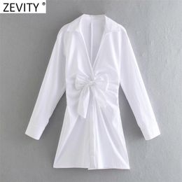 Women Sexy Deep V Neck Front Pleats Bowknot White Mini Dress Office Ladies Long Sleeve Casual Slim Poplin Vestidos DS8104 210416