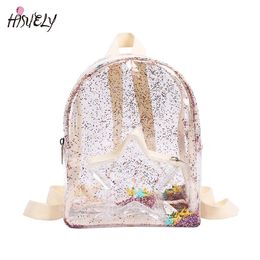 Multifunctional Bag Cute Glitter Stars Heart-shaped Shoulder School Bags Kids Transparent PVC Children Mini Backpack for Women X0529