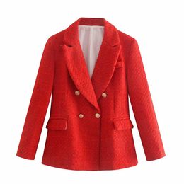 Za Women 2021 Fashion Texture Double Breasted Woollen Cheque Blazer Coat Vintage Long Sleeve Pockets Female Outerwear Chic Veste X0721