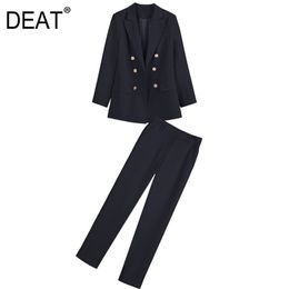 spring and summer office lady blazer double breasted full sleeves slim pants two pieces set WP85001L 210421