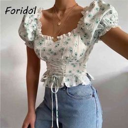 Daisy Print White Lace Up Blouse Tops Women Puff Sleeve Vintage Pelpum Crop Summer Beach Ruffle Cotton Chic 210427