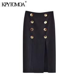 Women Chic Fashion With Buttoned Front Slit Midi Pencil Skirt High Waist Back Zipper Female Skirts Mujer 210420