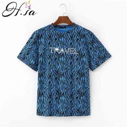 H.SA Zebra Striped Shirts Harajuku Vintage Woman T-shirt Short Sleeve O-neck Trip Travel Holiday Tee Tops Cotton Tees 210417