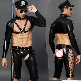 -Costumi Catsuit Sexy Faux Leather Maschio Sexy Polizia Costume Hot Cop Erotico Cop Erotico Uniforme Set adulto Uomo Gioca a giochi di ruolo Costume Vestiti da sesso Top +