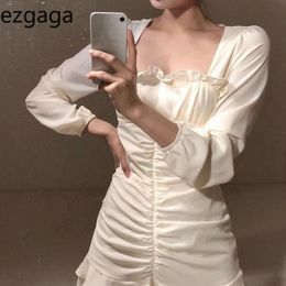 Ezgaga Sexy Dress Women Korean Chic Square Collar Long Sleeve Ruffles Solid Slim Waist Elegant Ladies Bodycon Dress Vestidos 210430