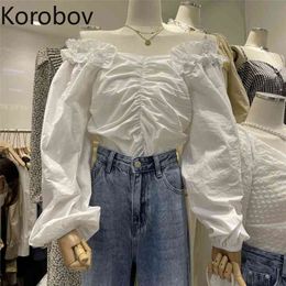 Korobov Summer New Salsh Neck Women Blouses Vintage Solid Puff Sleeve Sweet Female Shirts Office Lady Square Collar Blusas 210430