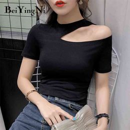 Women Hollow Out Sexy T Shirt Off Shoulder Short Sleeve Casual Basic T-shirt Ladies Hipster Tops Tee Shirts 210506