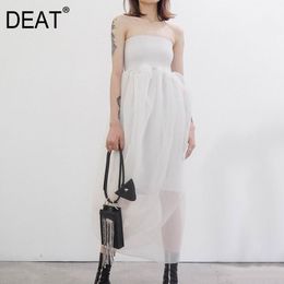 Women Black Sexy Mesh Ankle Length Dress Straples Neck Sleeveless Loose Fit Fashion Tide Spring Summer GX890 210421