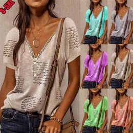Summer Women T-Shirt Fashion Urban Leisure Loose Zipper Pullover V-Neck Printing Irregular Stitching Short-Sleeved Top 210623