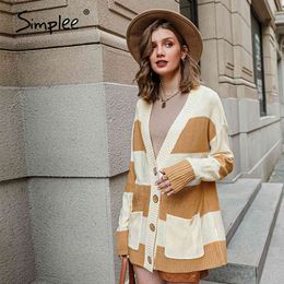 Vintage striped knitted cardigan women Autumn winter long sweater female Casual pockets loose lady yellow cardigans 210414
