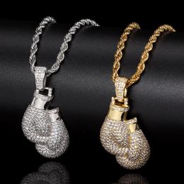 Pendant Necklaces Silver Colour CZ Gloves Necklace Tennis Chain Iced Out Bling Cubic Zircon Charm Choker For Men Women Hip Hop Jewellery