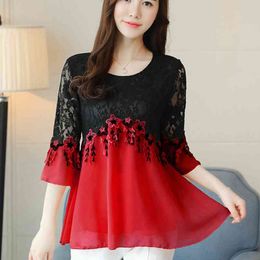 Lace Women Blouse shirt mesh stitching chiffon blouse Elegant Female Casual tops Loose Clothing Flowers 890H 210420