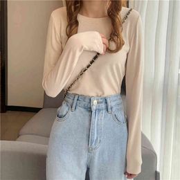 Minimalist Female Basic Brief Tops Arrival Solid Loose Stylish Full Sleeves Women All Match Casual T-shirt 210421