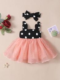 Baby Polka Dot 3D Ear Design Dobby Mesh Hem Dress & Headband SHE