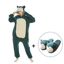 Anime Onesie Kigurumis with Slippers Green Pajama Cartoon Suit Polar Fleece Thin Overalls Funny Cool Homewear Sleepwear Unisex 211109