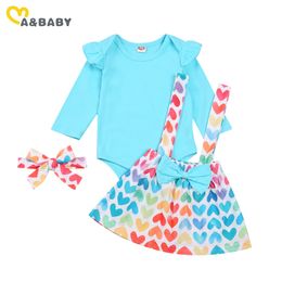 3-24M Valentine's Day born Infant Baby Girl Clothes Set Ruffles Romper Rainbow Heart Skirts Overalls Spring Outfits 210515