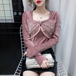 Women Tops Solid Colour Spring/Autumn Long-Sleeved Stripe Diamond Lace-Bow Neck top Mesh Women's Blouses Shirt 615F 210420