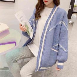 Fashion Striped Stitching Cardigan Sweater Women Loose Lazy Wind Pocket Decoration V-neck Knitted Female Spring Autumn 210427