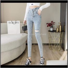 Clothing Apparel Drop Delivery 2021 Retro Hong Kong Style Jeans Womens Hollowedout Feet Anklelength Pants Thin Highwaisted And Ripped Cropped