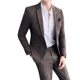 ( Blazer + Pants ) High-end Brand Formal Business Plaid Mens Suit Groom Wedding Dress Solid Colour Stage Performance Tuxedo S-5XL X0909