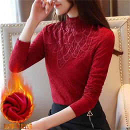 Lace Plus velvet Thicken Women Blouse Shirt Stand Collar Autumn Winter Slim Clothing Long Sleeve Shirts 805H 210420