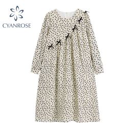 Women's Dress Lovely Flower Printing Loose Cotton Long Sleeve Summer Zipper O Neck Bow Appliques Causal Apricot Lady Dress 210417