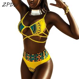 ZPDWT Sexy Tribal Print Bathing Suit Women African Swimwear Swimsuit High Waist Bikini Yellow Beach Swim Wear For Small Chests 210629