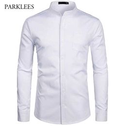 White Shirt Men Business Solid Color Pocket Casual Slim Fit Wedding Prom s Dress Long Sleeve Camisas Hombre 210721