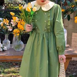 Korobov Sommer Kawaii Frauen Kleid Japanischen Stil Peter Pan Kragen Langarm Süße Kleider Knopf Rüschen Vestidos 210430
