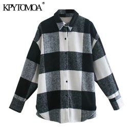 Women Fashion Oversized Cheque Woollen Jacket Coat Long Sleeve Button-up Female Outerwear Chic Tops 210420