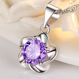 925 Sterling Silver Woman Fashion Jewellery High Quality Crystal Zircon Plum Blossom Flower Pendant Necklace Length 45CM