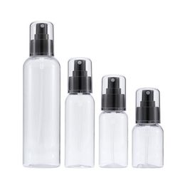 Cosmetic Plastic Clear Bottle Circular Column Shape PET Black Collar With Cover Spray Pump Empty Portable Refillable Packaging Container 50ml 75ml 100ml 250ml