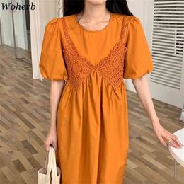 Fashion Summer Solid Vintage Dress Women Lace Vest Puff Sleeve A-Line Dresses Korean Chic High Waist Vesstidos 210519