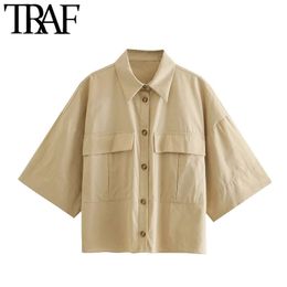 TRAF Women Fashion With Pockets Oversized Blouses Vintage Short Sleeve Button-up Female Shirts Blusas Chic Tops 210415