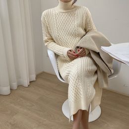 Autumn Winter Elegant Warm Turtleneck Twist Bottoming Knitted Sweater Dress Women OL Office Solid Maxi es 210421