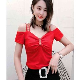 Summer Korean Clothes T-shirt Fashion Off Shoulder Diamonds Drape Women Tops Ropa Mujer Cotton Shirt Sexy Back Tees T05616 210623