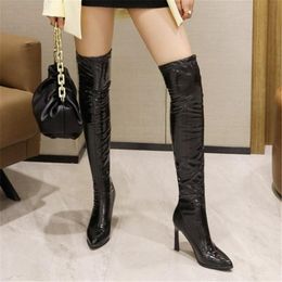 Herbst Winterstiefel speichte Zeh Patent Mode Frauen Leder Oberschenkel hohe lange sexy schlanke Overknee-Frau Heel Schuhe 652