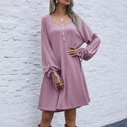 Spring A-Line Button Lantern Sleeve vintage dress for women autumn button drawstring lace knitted dress female vestido 210514