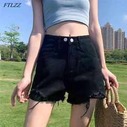 Summer Women Streetwear Hole Vintage Blue Denim Shorts Casual Female High Waist Wide Leg Black Jeans 210430