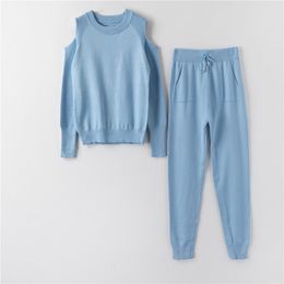 12 Colours 2 piece outfits for women sweatsuit Winter autumn Ladies' Sweater Pants Set Knitted O Neck Off Shoulder Sexy Wool 210420