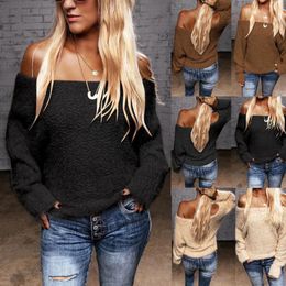 Women Long Sleeve Off-Shoulder Knitted Pullovers Sweater Cold Shoulder Plain Color Women's Sweaters