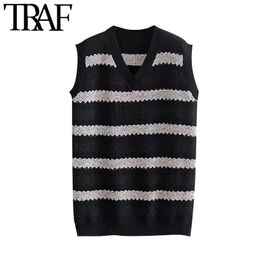 TRAF Women Fashion Patchwork Striped Loose Knitted Vest Sweater Vintage V Neck Sleeveless Female Waistcoat Chic Tops 210415