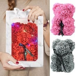 Gift for Her Teddy Bear of Roses Artificial Soap Flowers Toy with Handbag Led Light Mothers Day Gifts Girl 220311