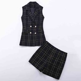 High-quality Autumn and Winter Korean Women's Plaid Fashion Suit Ladies Temperament Vest Shorts Two-piece 210527